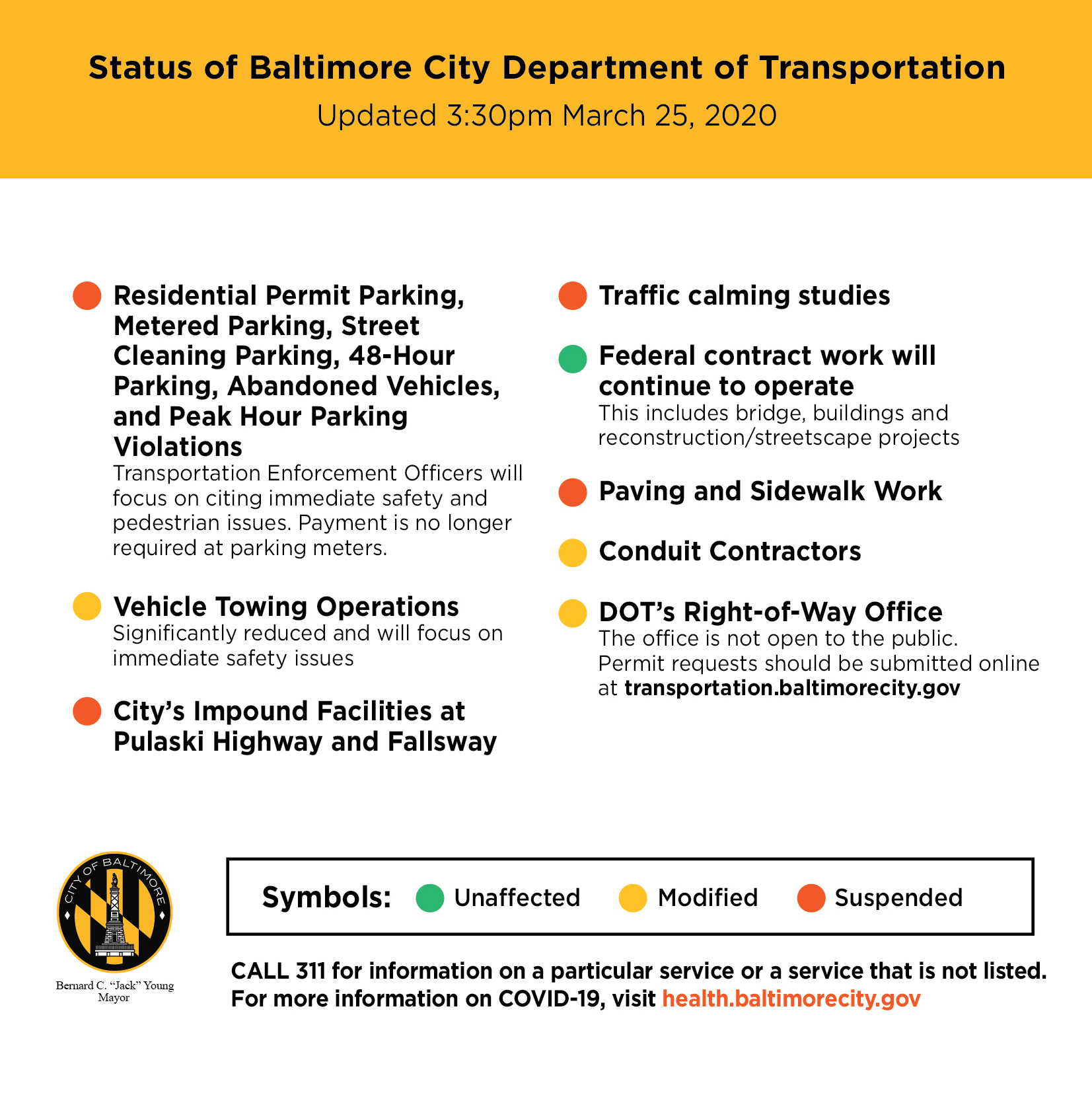 Status of Baltimore city services. For more information about current services, call 3-1-1.