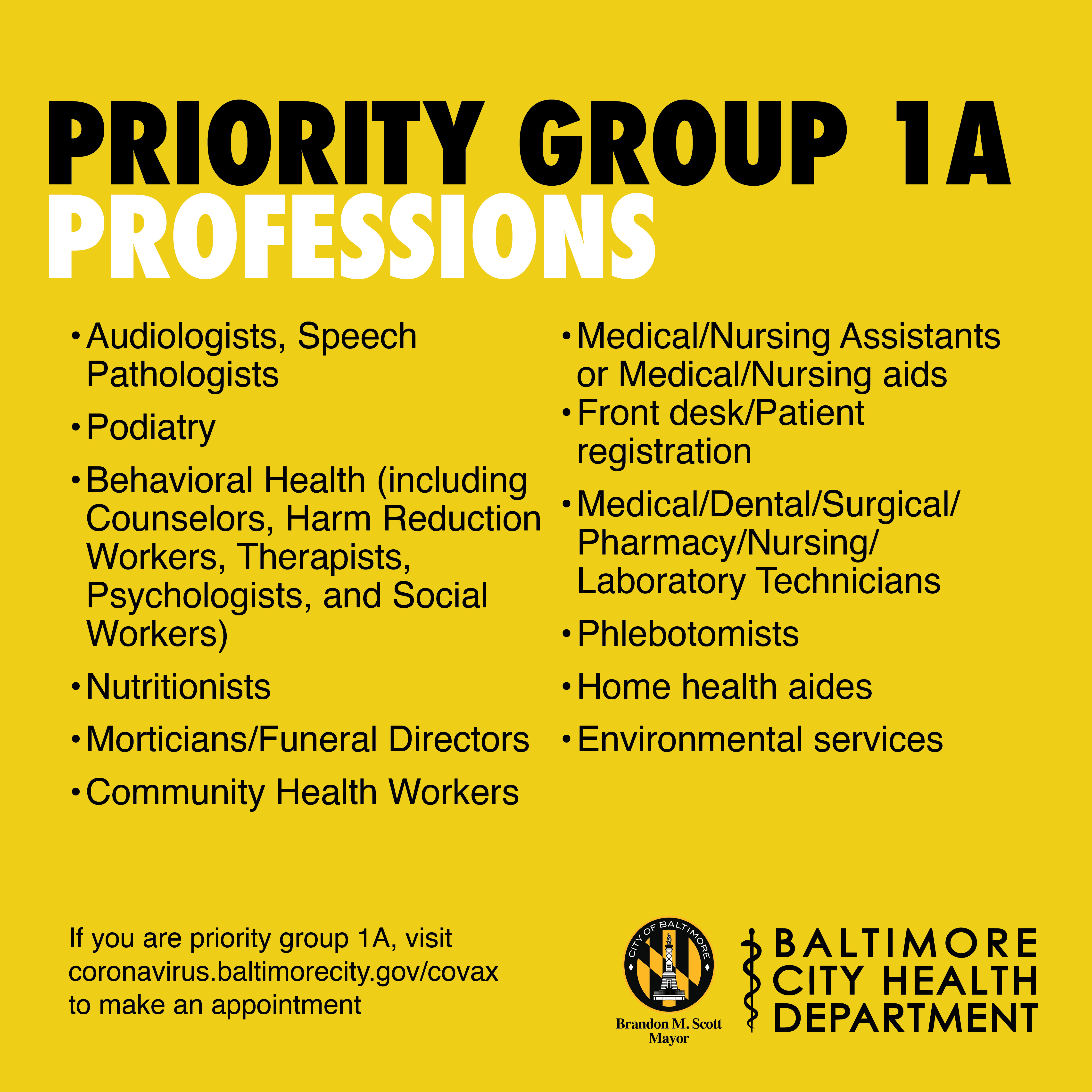 Image is text on yellow background. Text reads Prioirty Group 1A professions, Audiologists, Speech Pathologists Podiatry Behavioral Health (including Counselors, Harm Reduction Workers, Therapists, Psychologists, and Social Workers) Nutritionists Morticia
